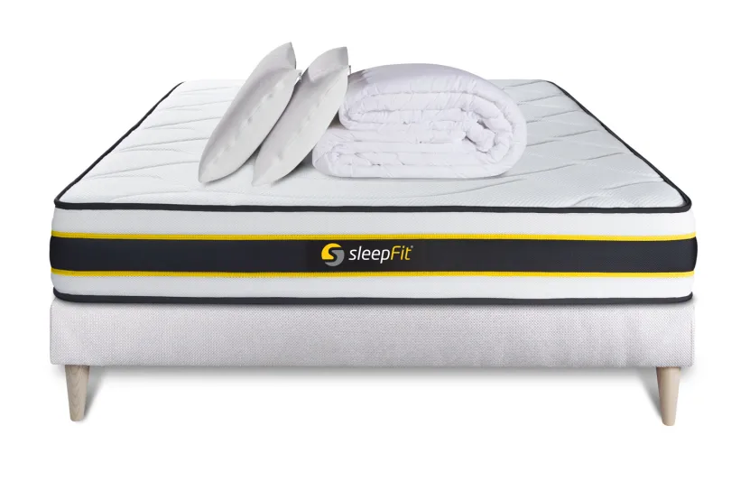 Pack lit complet 160x200 cm - Matelas + Sommier Blanc (en kit) + 2 oreillers + Couette - Flexy