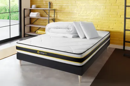 Pack lit complet 140x200 cm - Matelas + Sommier Noir + 2 oreillers + Couette - Flexy