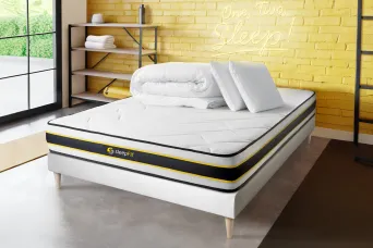 Pack lit complet 140x190 cm - Matelas + Sommier Blanc + 2 oreillers + Couette - Flexy