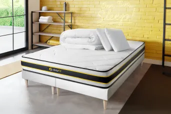 Pack lit complet 180x200 cm - Matelas + 2 Sommiers Blancs + 2 oreillers + Couette - Flexy