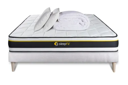 Pack lit complet 160x200 cm - Matelas + Sommier Blanc (en kit) + 2 oreillers + Couette - Soft