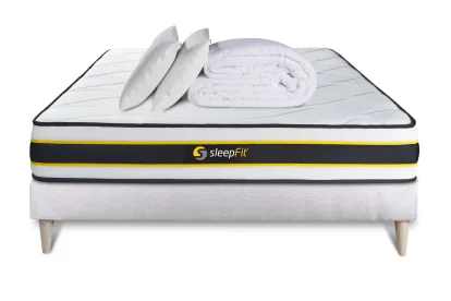 Pack lit complet 140x200 cm - Matelas + Sommier Blanc (en kit) + 2 oreillers + Couette - Flexy