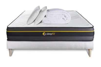 Pack lit complet 140x190 cm - Matelas + Sommier Blanc + 2 oreillers + Couette - Active