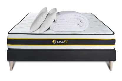 Pack lit complet 140x190 cm - Matelas + Sommier Noir + 2 oreillers + Couette - Flexy