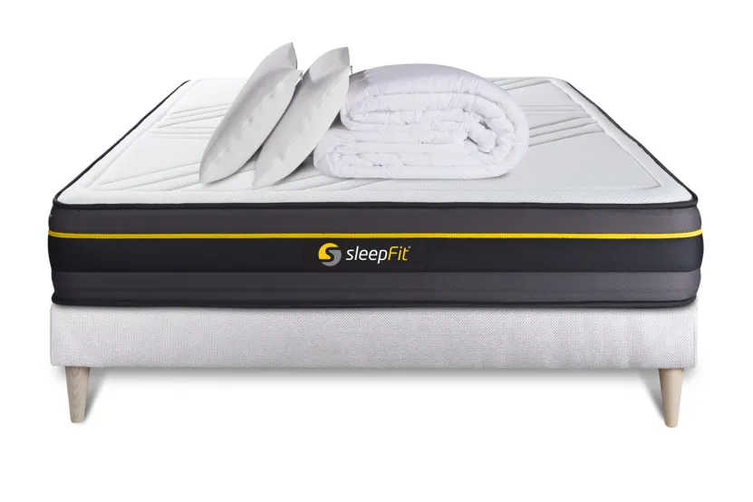Pack lit complet 140x200 cm - Matelas + Sommier Blanc (en kit) + 2 oreillers + Couette - Active